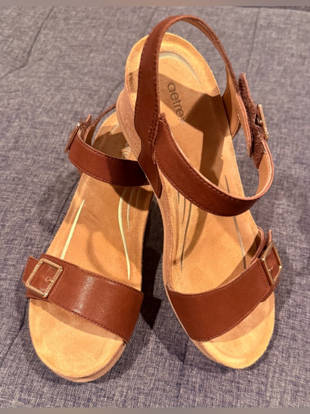 Aetrex Brown Leather Buckle Platform Sandals